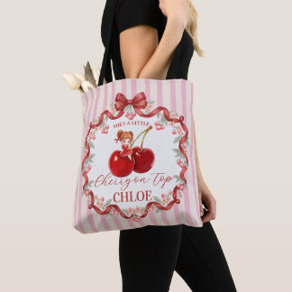 [Editable Name] Sweet Cherry Coquette Ribbon Pink Tote Bag