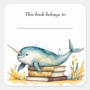 Editable Narwhal and Books Bookplate Sticker