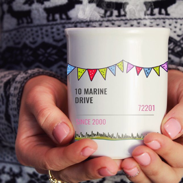 Editable Nautical Seagull Bunting Coffee Mug (Front Design - customize your address, zip/post code and date you moved in. Totally unique to you.)