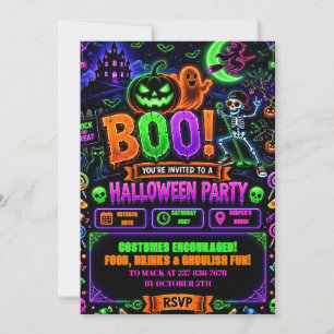 Editable Neon Halloween Birthday  Invitation