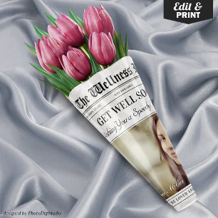 Editable Newspaper Get Well Soon Flower Bouquet Wrapping Paper Sheet