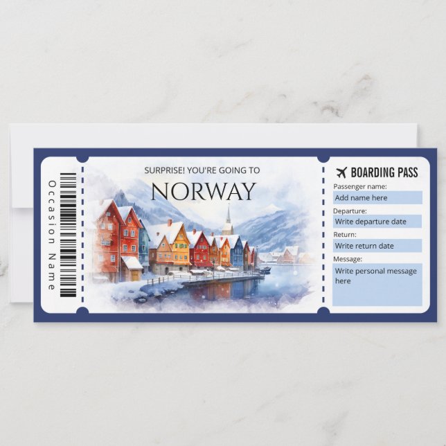 Editable Norway Plane Boarding Pass Ticket Invitation (Front)