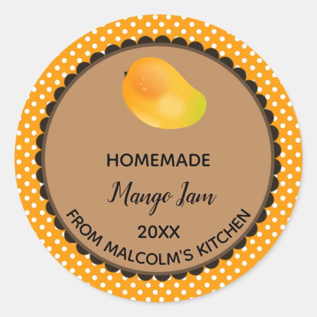 Editable Orange Polka Dot Mango Jam Label Sticker (Front)
