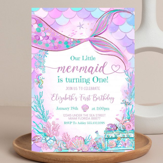 Editable Our Little Mermaid Purple Teal Little Mer Invitation (Creator Uploaded)