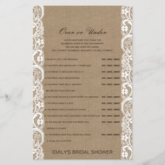 Editable Over or Under Bridal Shower Game (Front)
