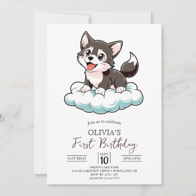 Editable Pastel Digital Wolf 1st Birthday Invitation (Front)