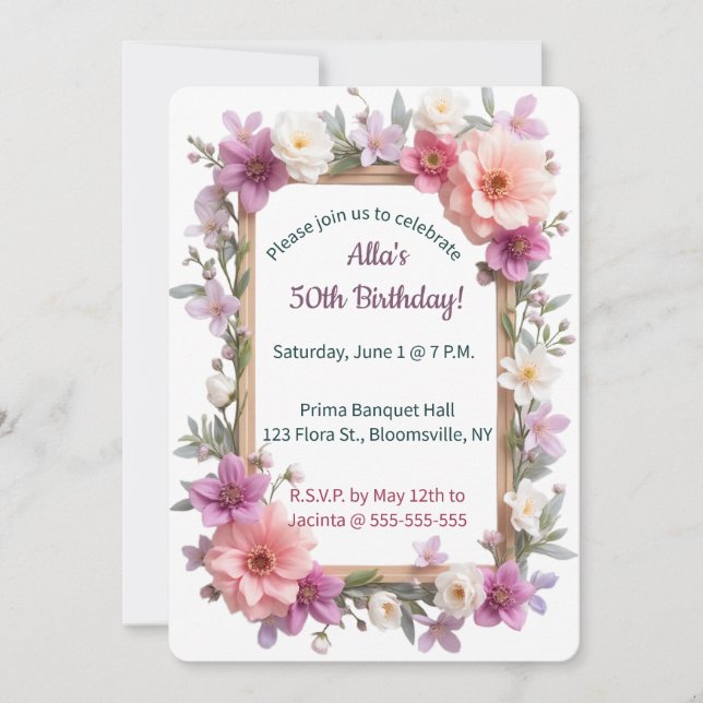 Editable Pastel Flowers and Leaves Frame Invitation (Front)