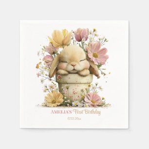 Editable Peach Gingham Bunny 1st Birthday Decor, Napkin