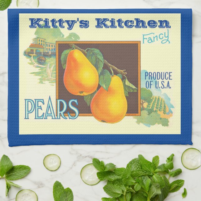 Editable Pears Vintage Fruit Crate Art Kitchen Towel (Folded)