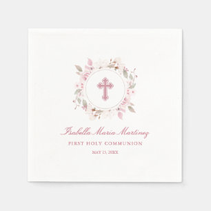 Editable Personalized First Communion Pink Floral Napkin