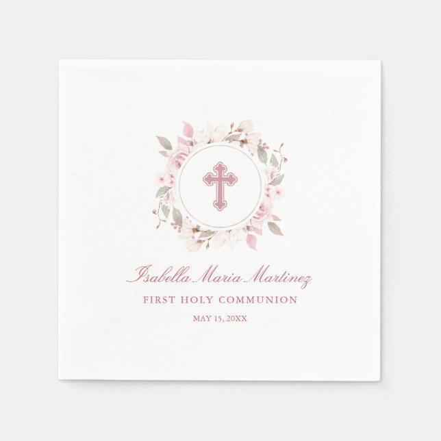 Editable Personalized First Communion Pink Floral Napkin (Front)