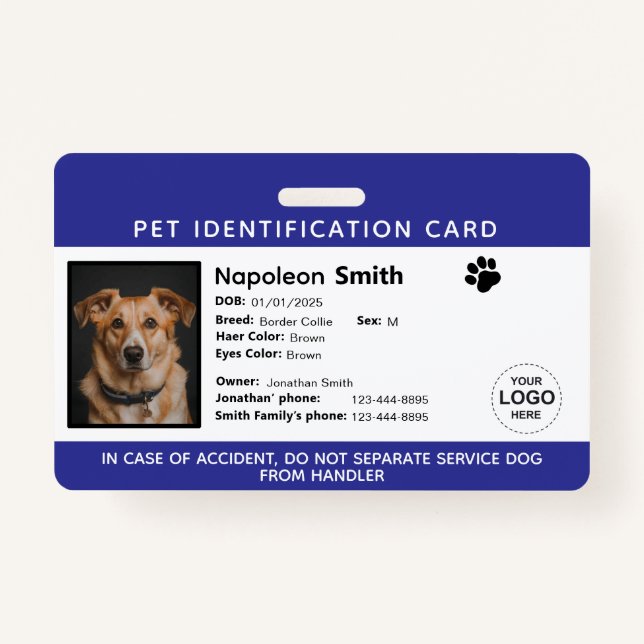 Editable Pet ID Card ,Navy White Service Dog Logo Badge (Front)