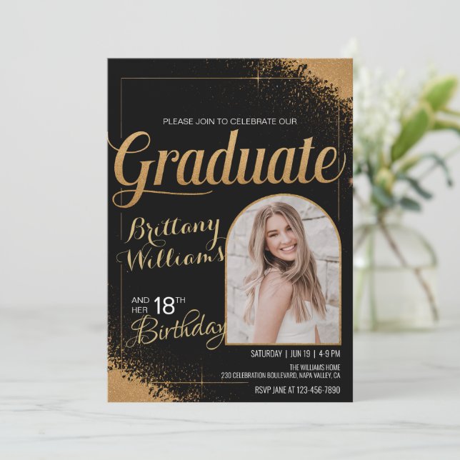 Editable Photo 18th Birthday Graduation Black Gold Invitation (Standing Front)