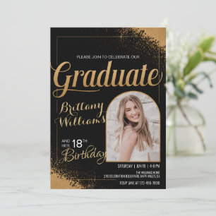 Editable Photo 18th Birthday Graduation Black Gold Invitation