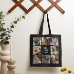 Editable Photo Collage Black Tote Bag<br><div class="desc">Editable photo collage tote bag featuring a black background,  8 family photos,  and a text template that is easy to personalize.</div>