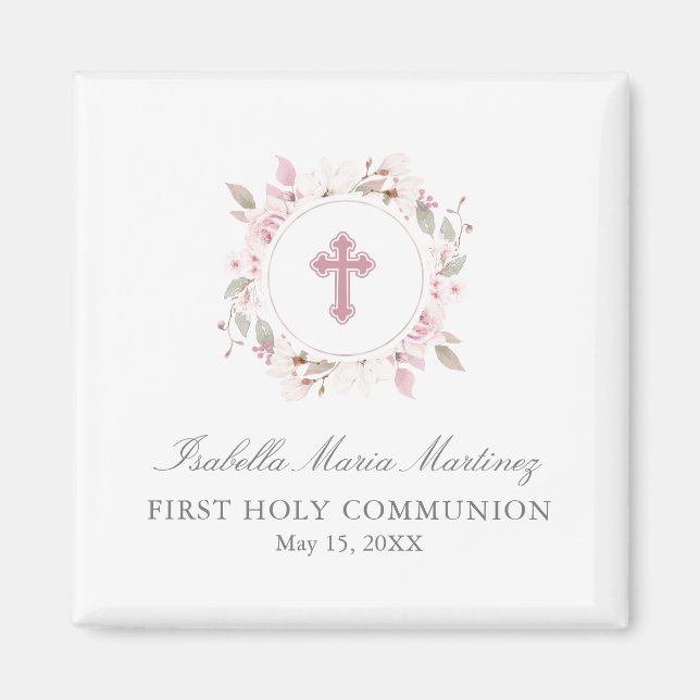 Editable Photo First Communion Pink Flower Favour Magnet (Front)