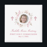 Editable Photo First Communion Pink Flower Favour Magnet<br><div class="desc">Personalized magnets make great First Communion favours. A pretty pink rose floral wreath with a pink cross in the centre creates a feminine and religious design. Perfect for a Christian or Catholic ceremony. Three lines of text below the wreath let you add your custom message. I chose First Holy Communion,...</div>