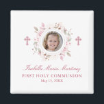 Editable Photo First Communion Pink Flower Favour Magnet<br><div class="desc">Personalized magnets make great First Communion favours. A pretty pink rose floral wreath with a pink cross in the centre creates a feminine and religious design. Perfect for a Christian or Catholic ceremony. Three lines of text below the wreath let you add your custom message. I chose First Holy Communion,...</div>
