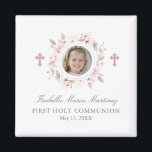 Editable Photo First Communion Pink Flower Favour Magnet<br><div class="desc">Personalized magnets make great First Communion favours. A pretty pink rose floral wreath with a pink cross in the centre creates a feminine and religious design. Perfect for a Christian or Catholic ceremony. Three lines of text below the wreath let you add your custom message. I chose First Holy Communion,...</div>
