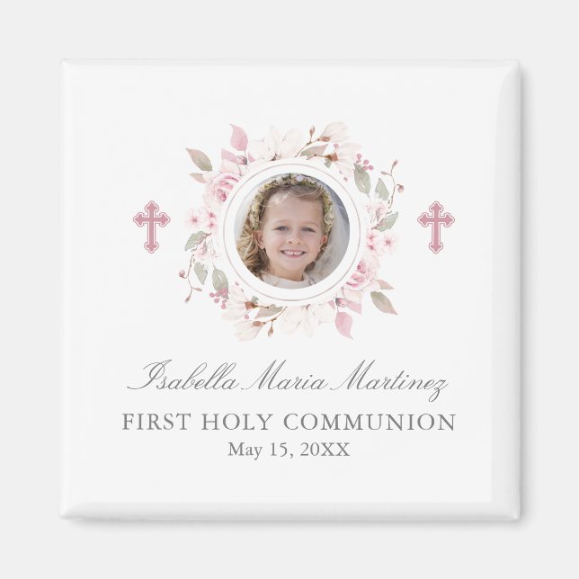 Editable Photo First Communion Pink Flower Favour Magnet (Front)