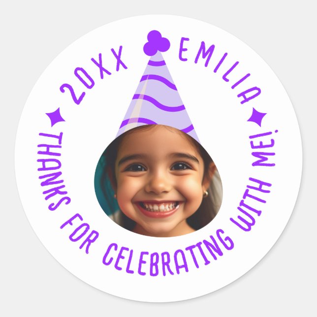 Editable Photo Text Birthday Thanks Party Hat Classic Round Sticker (Front)