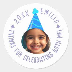 Editable Photo Text Birthday Thanks Party Hat Classic Round Sticker