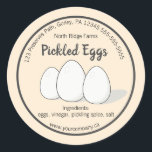 Editable Pickled Eggs Label<br><div class="desc">This editable label features a light background with a dark grey ring. In the centre is an illustration of three eggs. At the top is the contact information for the company/ business, the company name and the product name. Below, is the ingredient list and the website information. All text is...</div>