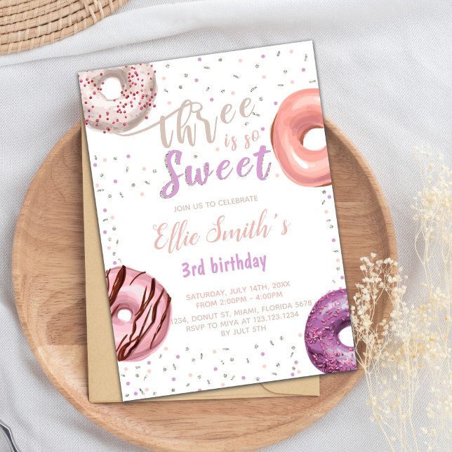 Editable Pink 3rd Birthday Party Invite (Three Sweet Pink Donut Birthday Invitations)
