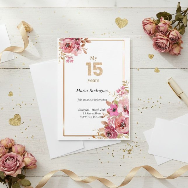 Editable Pink and Gold Quinceañera Invitation (Créateur téléchargé)