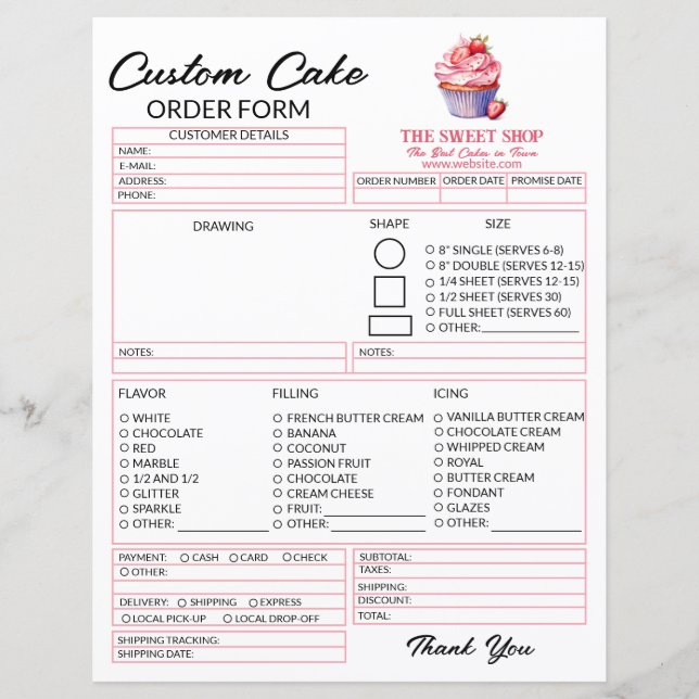 Editable Pink Cake Order Form Template for Bakers (Front)