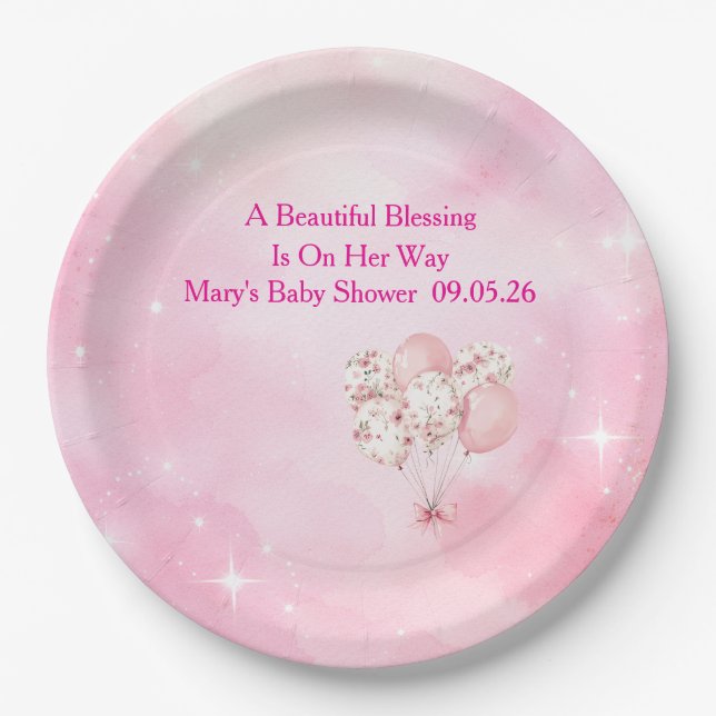 Editable Pink Chinoiserie Baby Shower Tableware Paper Plate (Front)