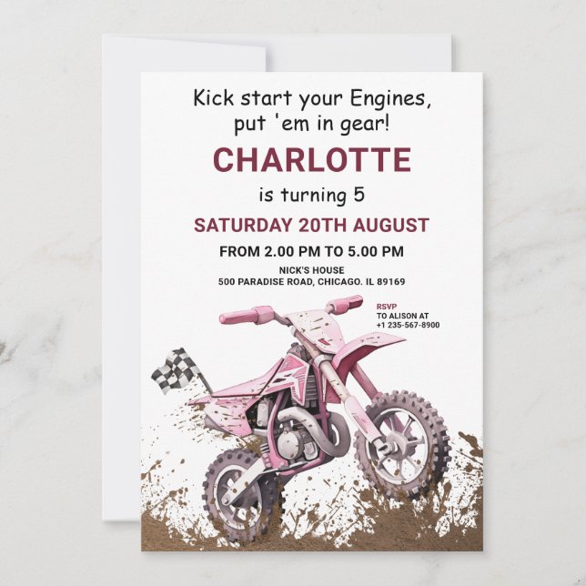 Editable Pink Dirt Bike Birthday Invitation (Front)