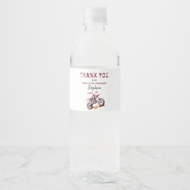 Editable Pink Dirt Bike Birthday  Water Bottle Label (Front)