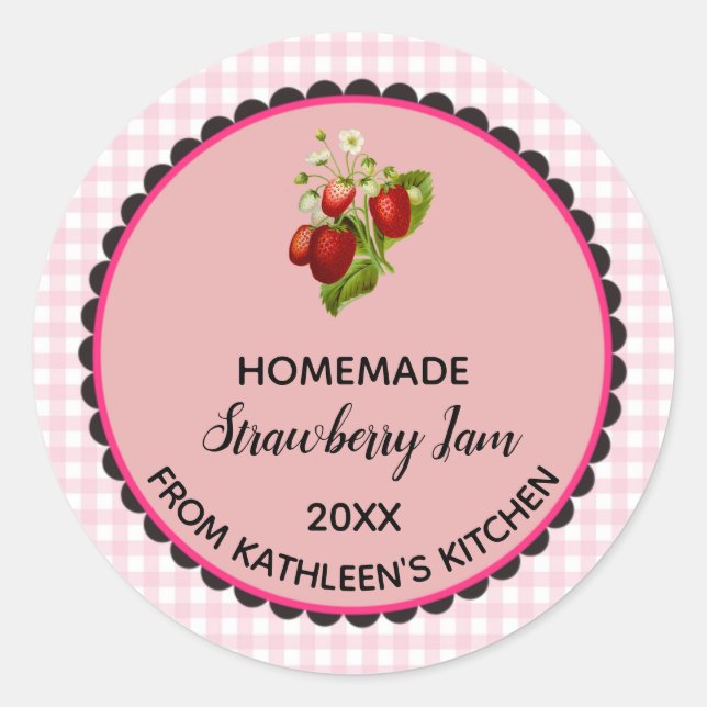 Editable Pink Gingham Strawberry Jam Label Sticker (Front)