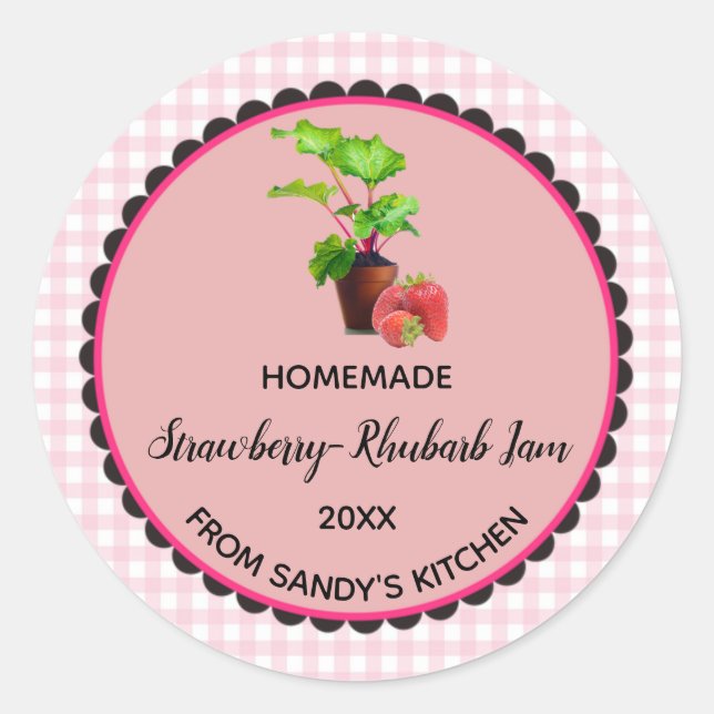 Editable Pink Gingham Strawberry Rhubarb Jam Label (Front)