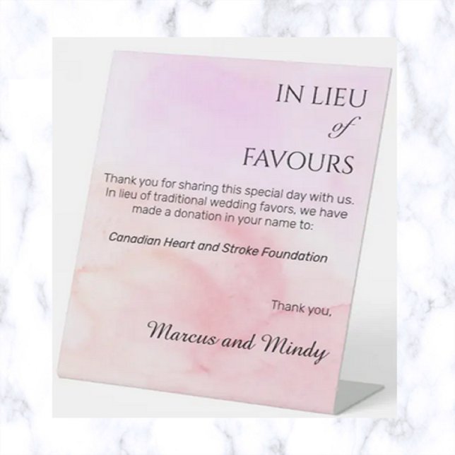Editable Pink In Lieu Of Wedding Favours Pedestal Sign (Creator Uploaded)