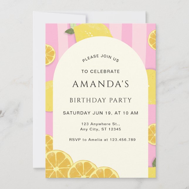 Editable Pink Lemonade Birthday Invitation (Front)