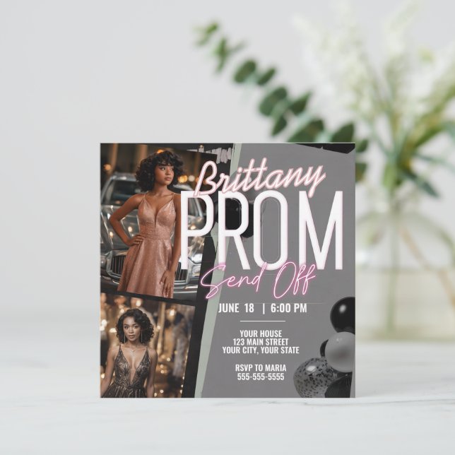 Editable Pink Magnificent Prom Send Off Two Photo Invitation (Standing Front)