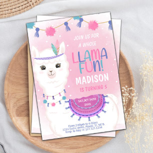 Editable Pink & Purple Llama Birthday Invitation