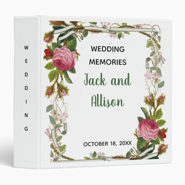 Editable Pink Rose Minimalist Floral Green Leaf Binder (Front/Spine)