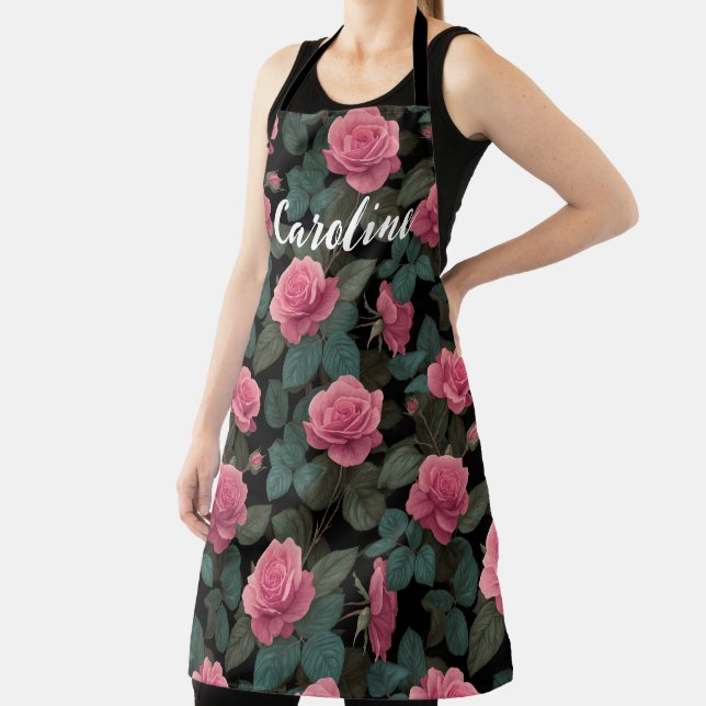 Editable Pink Roses on Black Floral Pattern Custom Apron (Insitu)