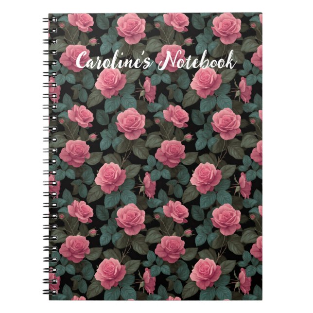 Editable Pink Roses on Black Floral Pattern Custom Notebook (Front)