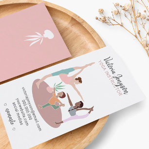 Editable pink spiritual yoga instructor boho pose business card