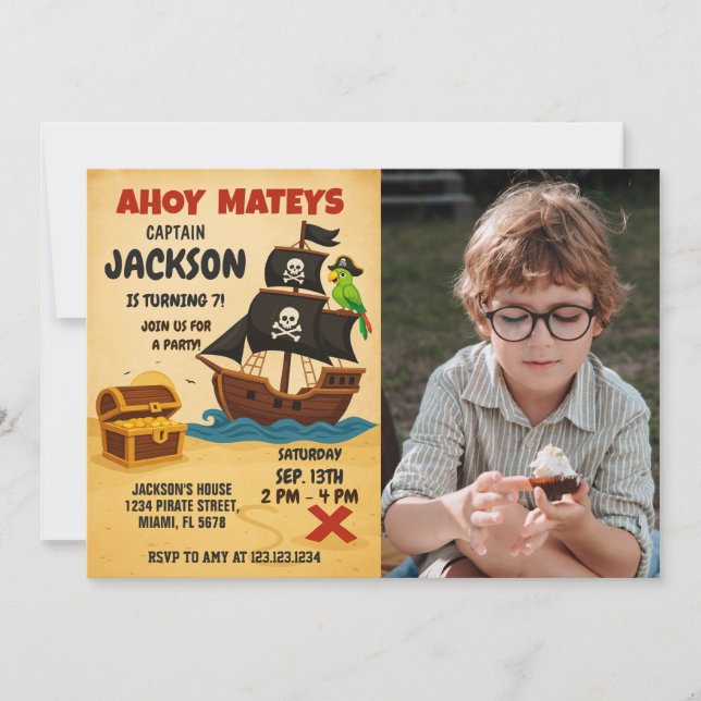 Editable Pirate Treasure Map Birthday Invitation (Front)
