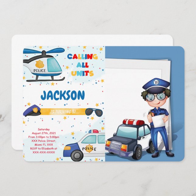 Editable Police Birthday Photo Invitation (Front/Back)