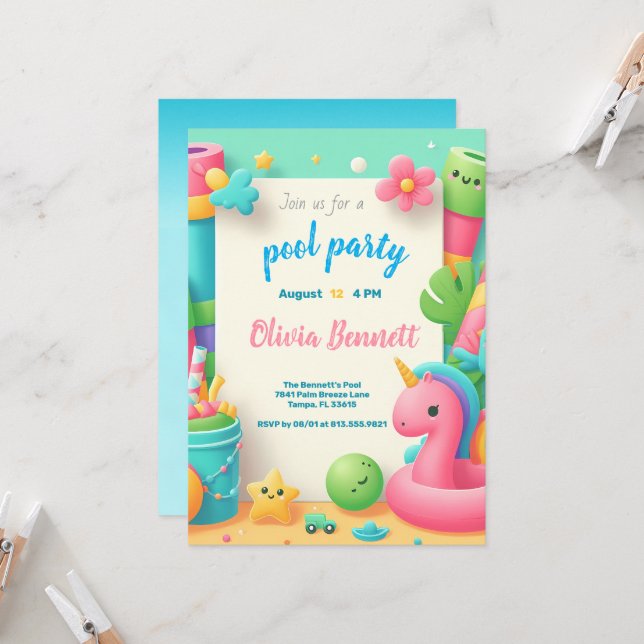 Editable Pool Party Birthday Summer Swim Invitation (Front/Back In Situ)