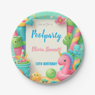 Editable Pool Party Birthday Summer Swim Paper Plate