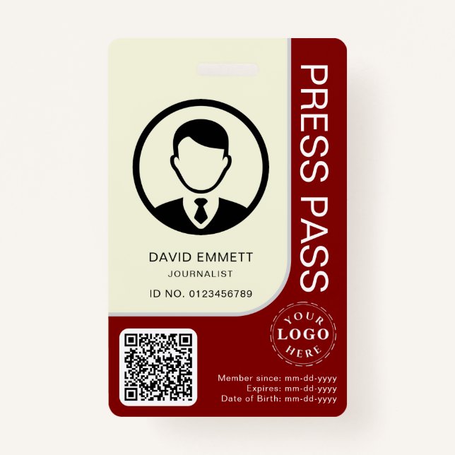 Editable Press ID Card with Photo and QR Feature Badge (Front)