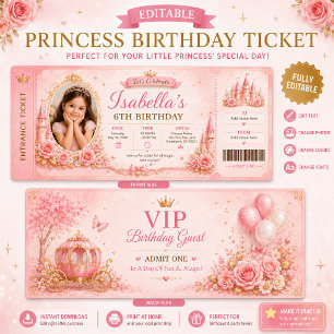 Editable Princess Birthday Ticket Invitation