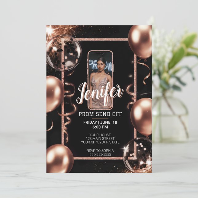 Editable Prom Send Off Earth Pink Sparkling Frame Invitation (Standing Front)